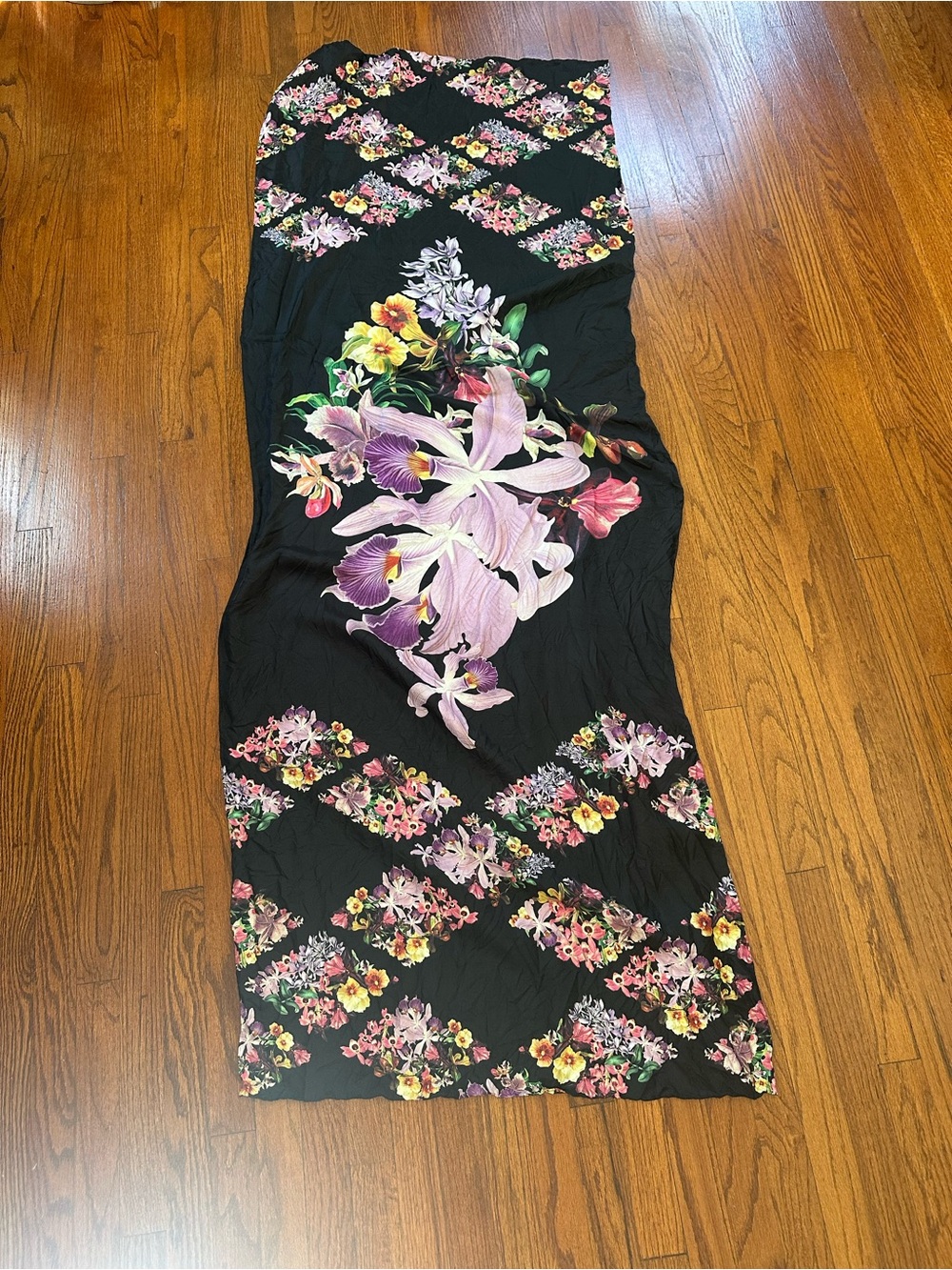 Ted Baker London 100% Silk Black Floral Scarf with Pink, Purple & Yellow Blooms
